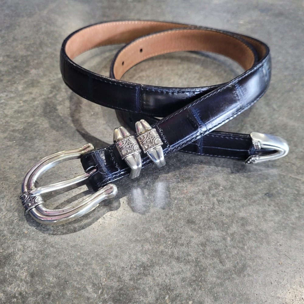 Brighton Belt Med Black Leather Croc Embossed Western Silver Buckle Cowgirl Boho